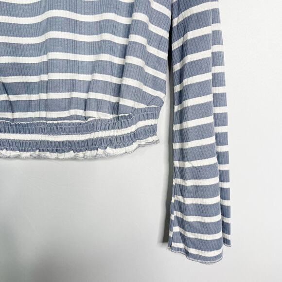 New Hem & Thread Large L Blue White Striped Long Bell Sleeve Cinch Hem Tee Top - Picture 3 of 8